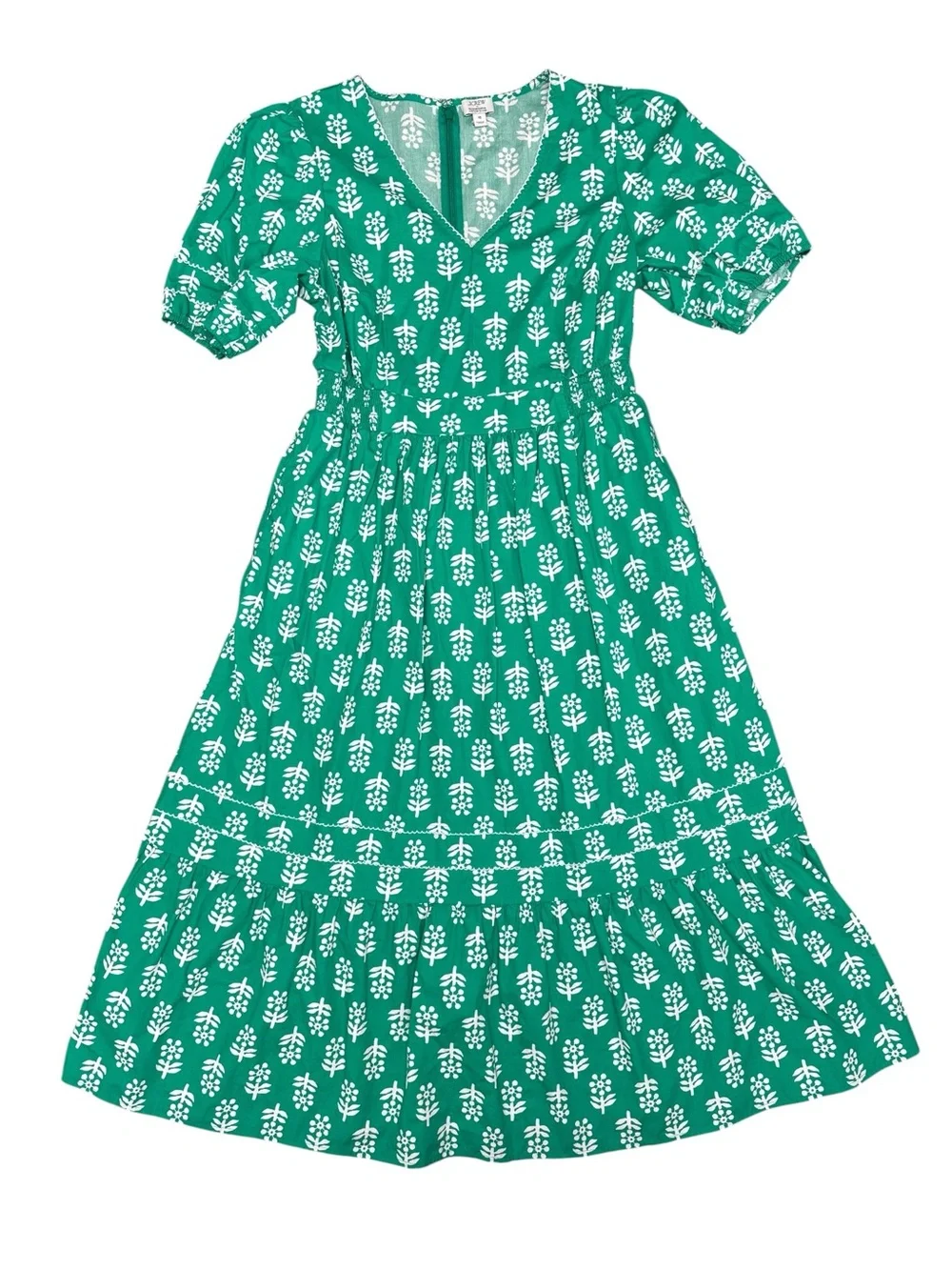 J. Crew Factory Block-Print Puff-Sleeve Midi Dress Emerald Beryl 10